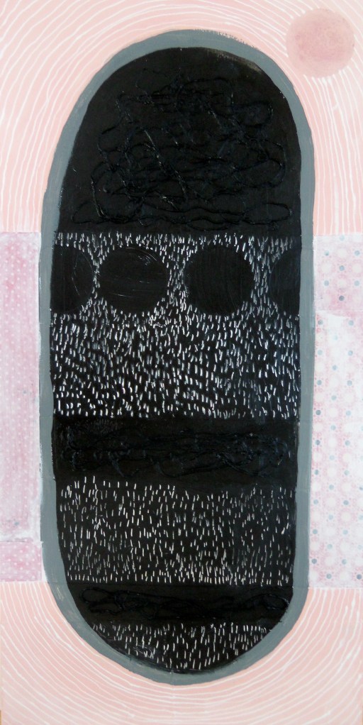 #4, 12"x24", Acrylic paint, ink, paper, & embroidery floss on wood panel, 2013