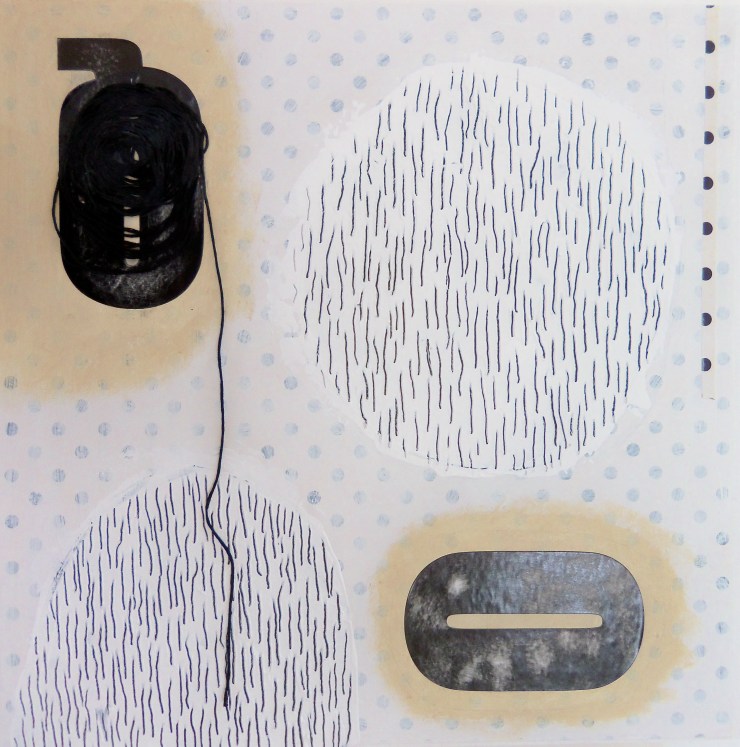 Hole #9, 12"x12", Acrylic, decorative paper, stickers, & embroidery floss on wood panel, 2013