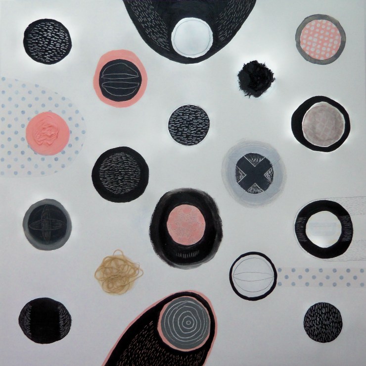 Holes #6, 20"x20", Acrylic, decorative paper, stickers, & embroidery floss on wood panel, 2013