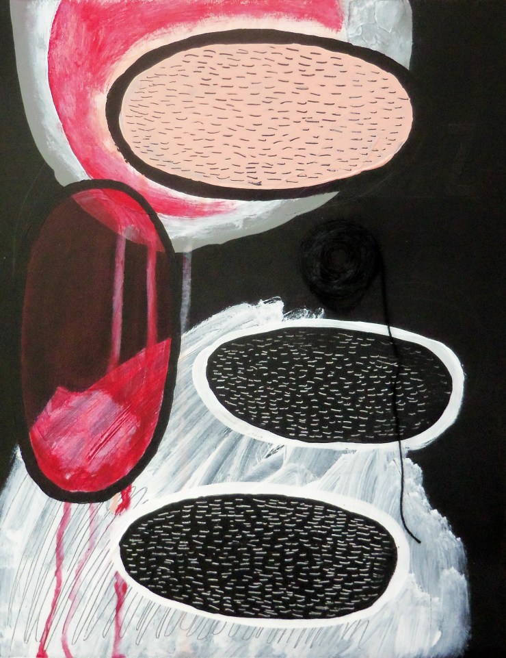 Holes #11, 11"x14", Acrylic, decorative paper, embroidery floss & sticker on wood panel, 2013