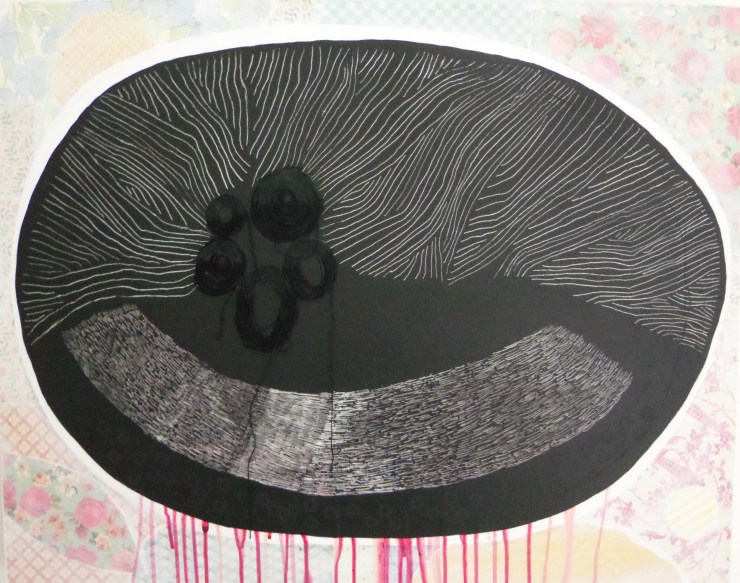 #13, 24"x30", Acrylic, decorative paper, embroidery floss & stickers on wood panel, 2013