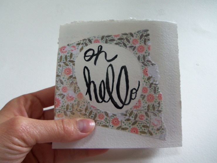 Oh, Hello, 4.75x4.75, Handmade Book with Exposed Stitch Binding, Watercolor, Acrylic Ink, Decorative Paper, Collage, Hemp Cord, 2014