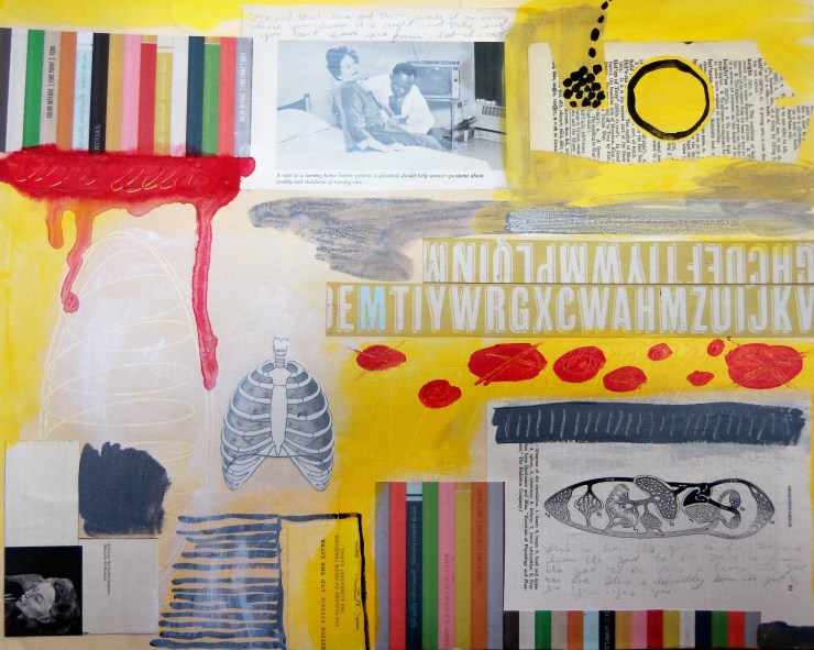 Panels 2 & 3 of This Very Minute, each panel measures 16"x20", Mixed media on collage board, 2014