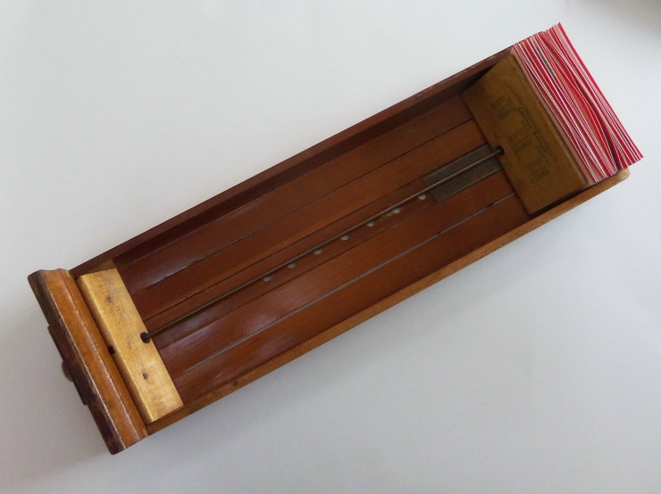 Antique drawer measures approx. 18"x5.75"x3.5", Library cards measure 3"x5", acrylic, pen, ink, & collage, 2015