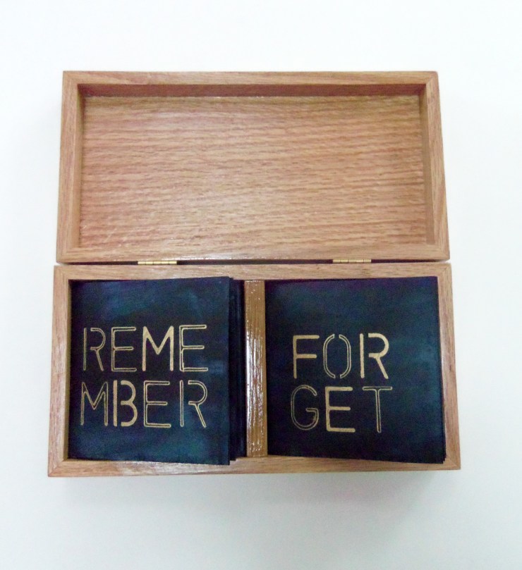 Dual, Box measures 10.25"x5.25"x2.5", Oak with brass hinges, Books measure 4.5"x4.5"x.5, Watercolor paper, acrylic, ink, & embroidery floss, Modified Western Multiple signature binding, 2015