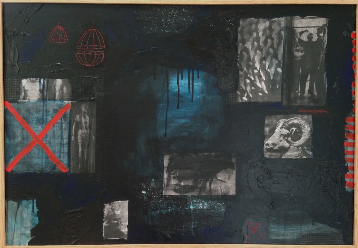 Drip, 36"x27.5", Acrylic and collage on chipboard, 2015